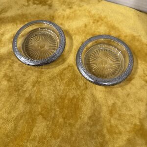 Set of 2 Glass Drink Coasters with Silverplated Trim